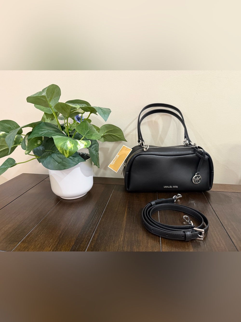 Michael Kors Black Leather Dome Satchel with Removable Strap